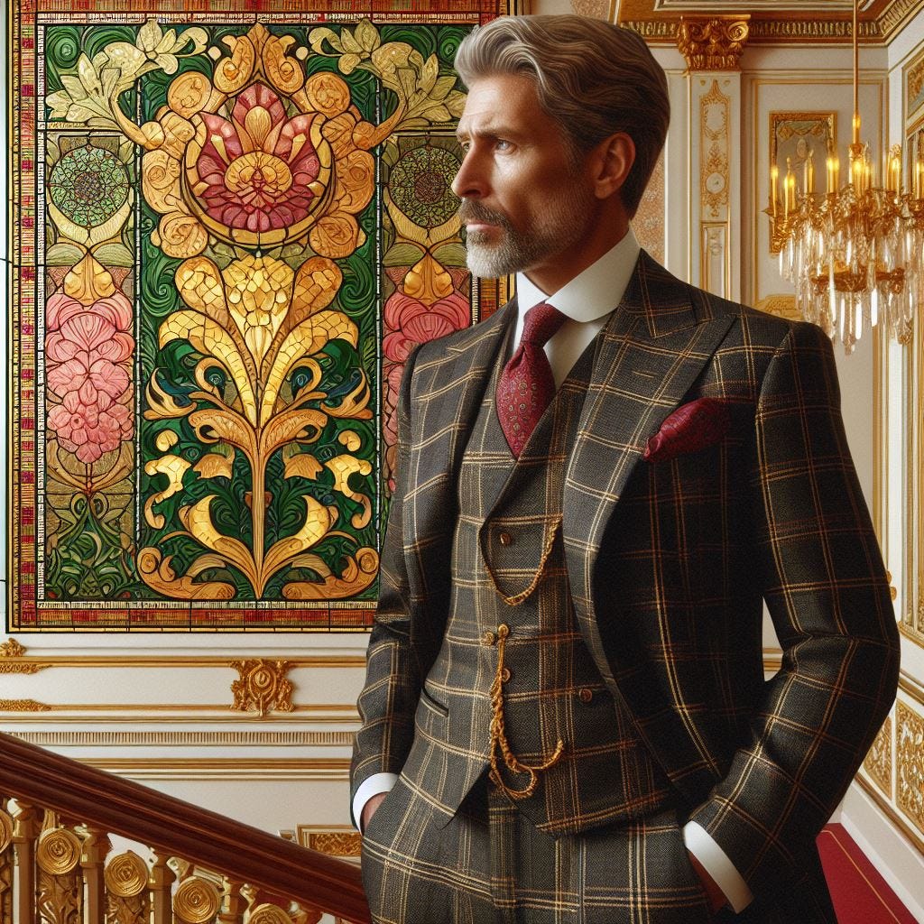 middle aged man in bespoke suit with pattern of male Calico Pennant/ red-on-black color schema. stained glass window panel yellows and greens gilded stair case in a mansion/ ornate ceiling tiles. Wall panel artwork in baroque style and the style of artist peter max, coral and cream/ light yellows accents. wall panels cream. rose/ beige velvet panels.Gold prisms hanging from striing in foreground