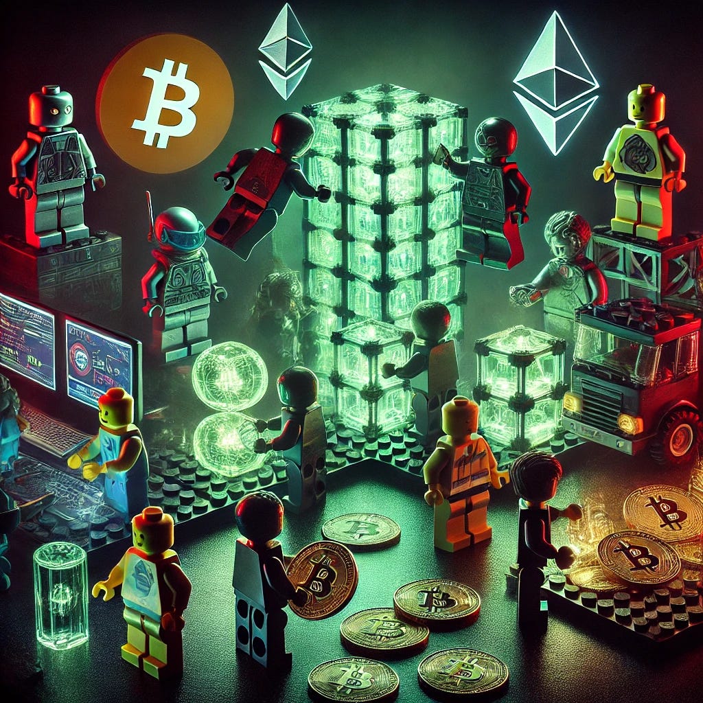 A dark and ominous LEGO-themed annual review image showing various LEGO figures engaging with crypto activities. The scene includes LEGO minifigures in cyberpunk suits trading on holographic screens, LEGO robots symbolizing MEV bots manipulating blockchain connections made from transparent LEGO blocks, and builder figures constructing blockchain towers using Technic pieces. In the background, shadowy LEGO figures representing anonymous traders loom over glowing LED-like crypto coins (Bitcoin, Ethereum, Solana). The style features dramatic lighting, emphasizing sharp contrasts and the shiny plastic texture of LEGO, with a foreboding atmosphere created by deep shadows and neon highlights in red and green. -009