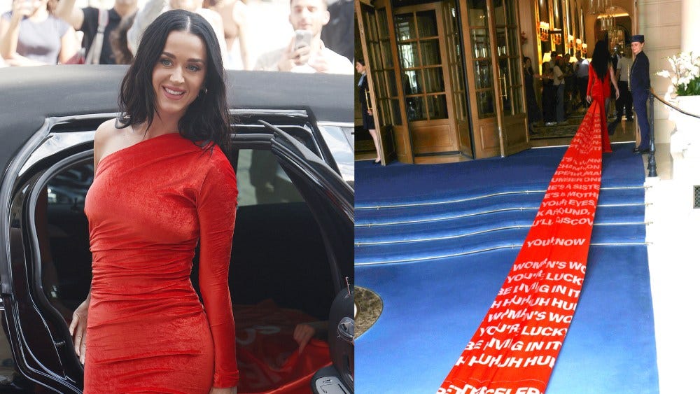 Katy Perry Promotes 'Woman's World' in Red Dress With Dramatic Train