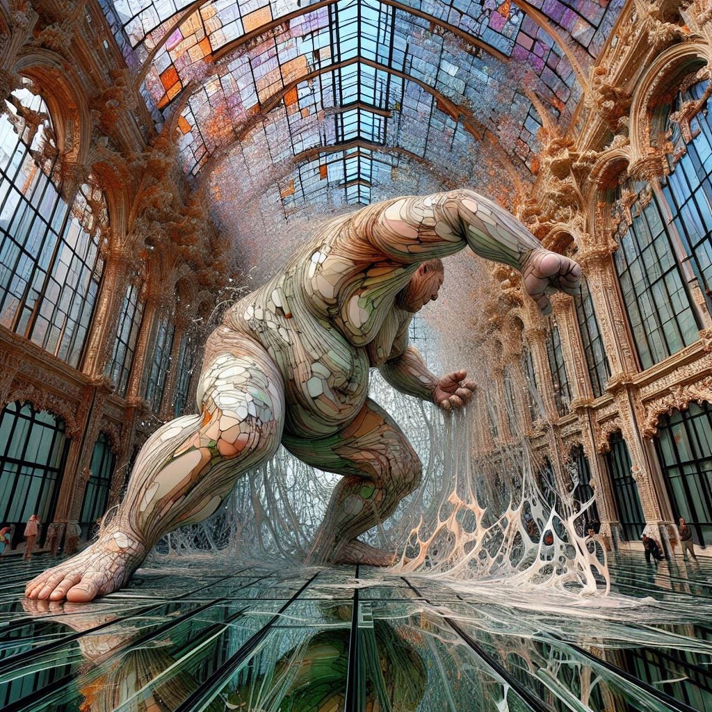 inside glass structure; tiltshift/ 5d angle glass embedded Altgeld hall building/ Broken into fragments/ pieces/ real Sumo Wrestler with hyperrealistic skin/ leaning into camera/Smashing in front of Altgeld hall in olive,ivory, chartrues, lace made of black water in resin/ He is full of love. coral orange, pink, cream, olive address/ reverberating waves. black hole/ water in resin verdigris/ In the style of Michael Parkes. black etching/ black linework/ black sky