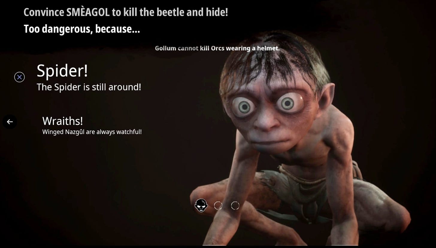 A screenshot from The Lord of the Rings: Gollum, showcasing the bland, modern font used on the left, with a comically cross-eyed 3d rendering of Gollum on the right.