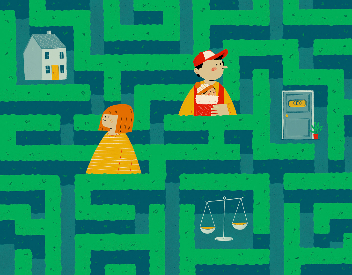 A man, wearing a child, and a woman, are lost in a maze. Different things are at exits—a door with CEO, a home, a set of scales A man, wearing a child, and a woman, are lost in a maze. Different things are at exits—a door with CEO, a home, a set of scales