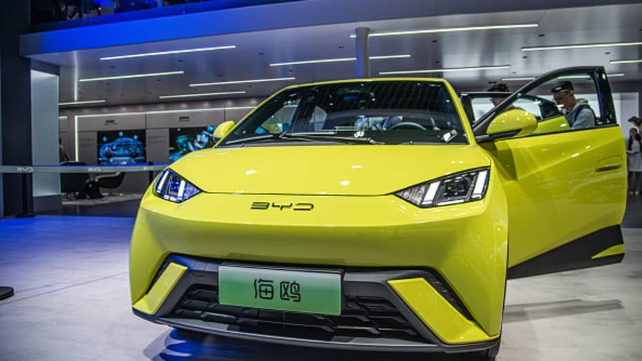 SHANGHAI, CHINA - APRIL 18: A BYD Seagull small electric car is on display during the 20th Shanghai International Automobile Industry Exhibition at the National Exhibition and Convention Center (Shanghai) on April 18, 2023 in Shanghai, China. (Photo by VCG/VCG via Getty Images)