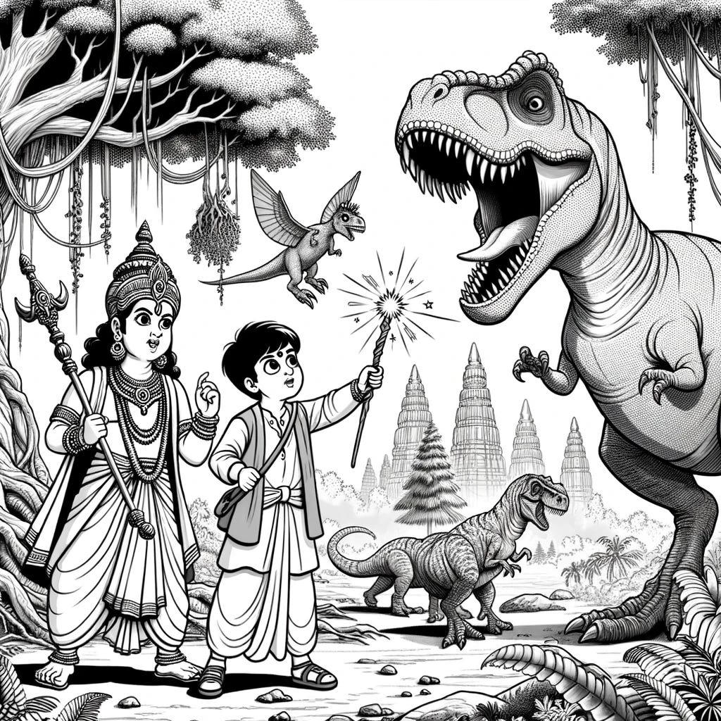 Black-and-white illustration for coloring, showcasing a young Lord Ganesha with a boy who wields a magic wand and their T-rex friend. They are confronting a terrifying creature amidst the late cretaceous backdrop with ancient trees. A Puneri paati is also present, observing the scene.