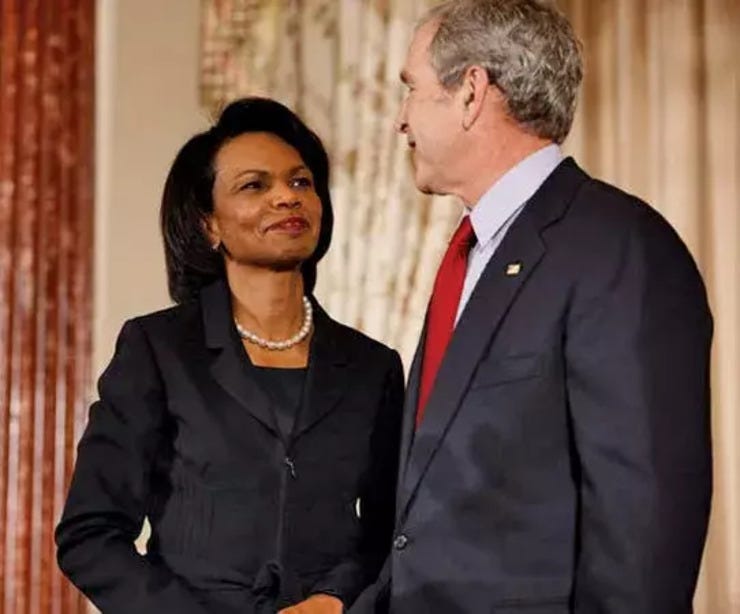 Condoleezza Rice was secretary of state from 2005 to 2009 under George W. Bush. Robert Gates was secretary of defense from 2006 to 2011.