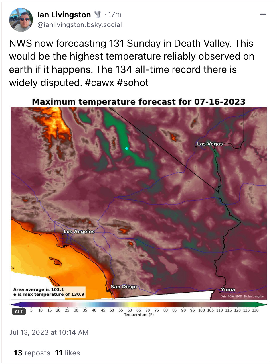 NWS now forecasting 131 Sunday in Death Valley. This would be the highest temperature reliably observed on earth if it happens. The 134 all-time record there is widely disputed.