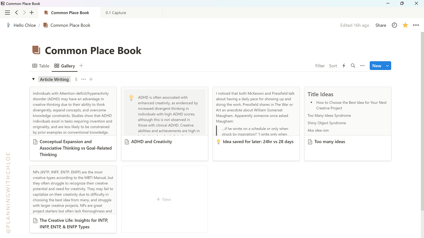 Screen grab of my Notion setup for a digital Common Place Book.