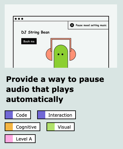 A website titled, "DJ String Bean." Below the button says, "Book me" and shows an image of a tall, green character wearing headphones. To the upper right is a pause button that says, "Pause mood setting music."