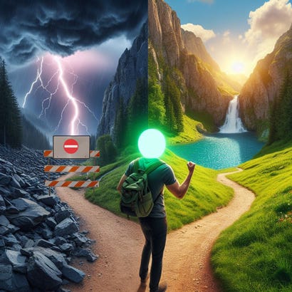 Photo. A fork in the path presents a choice. The left side has dark thunderstorms. Its path is blocked by a barricade. The right half of the photo is happier. The right side of the fork leads to a beautiful valley with a sparkling lake and a gorgeous waterfall. A hiker who has started towards the left path shakes his fist in anger. The man does not have a head but instead has a basic bright neon green sphere in its place.