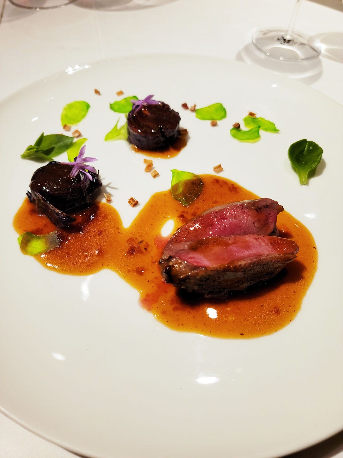 Pigeon breast with red cabbage.