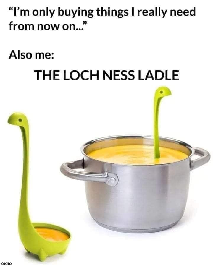 May be an image of text that says '"I'm only buying things I really need from now on..." Also me: THE LOCH NESS LADLE OTOTO'