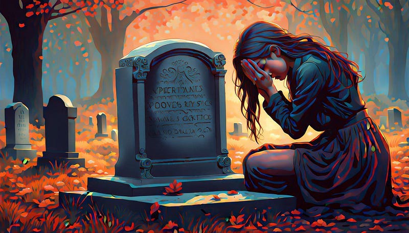 Young women weeping, kneeling at gravestone