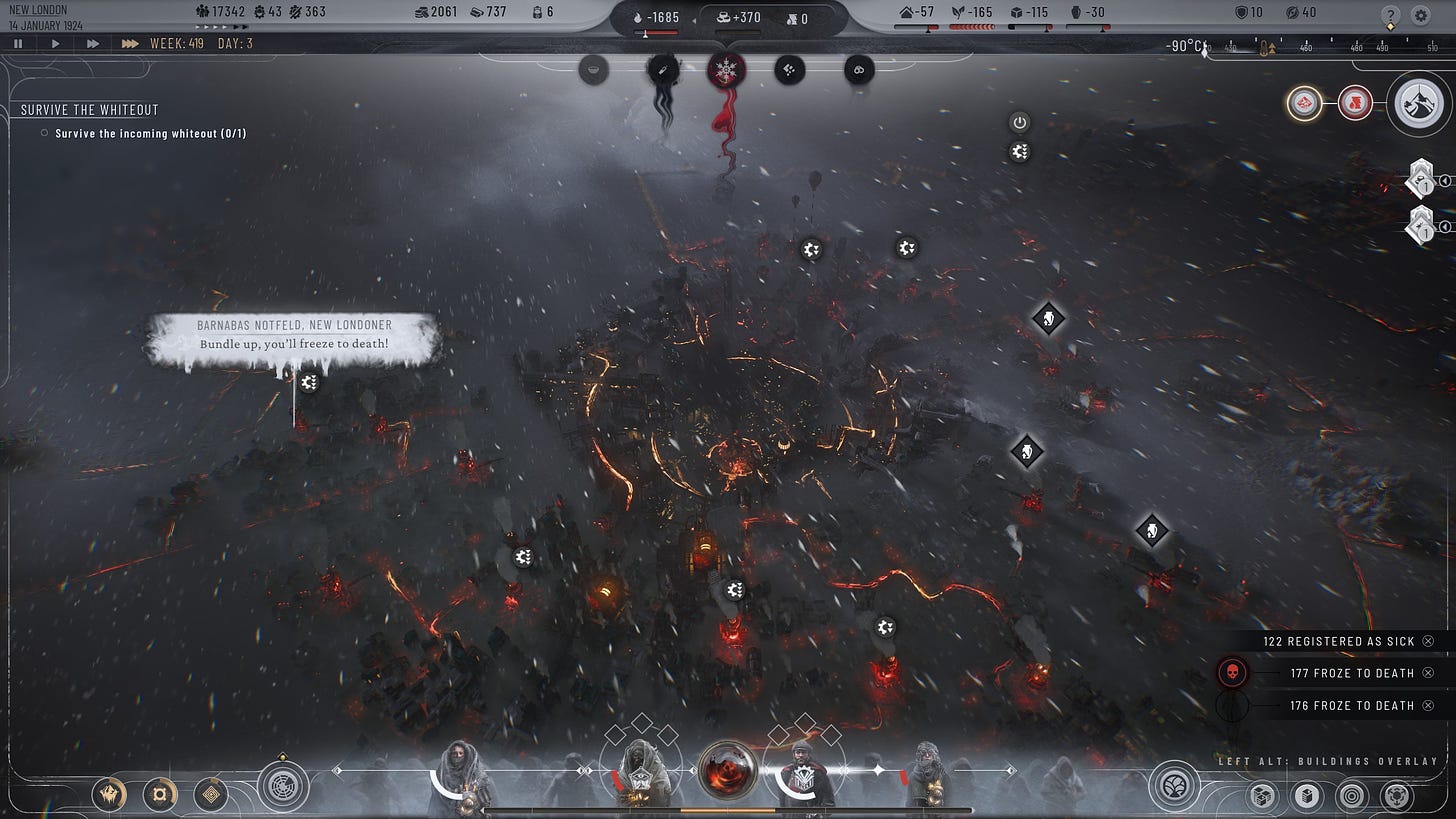 A screenshot of Frostpunk 2 showing the New London centre with its generator running during a whiteout storm.