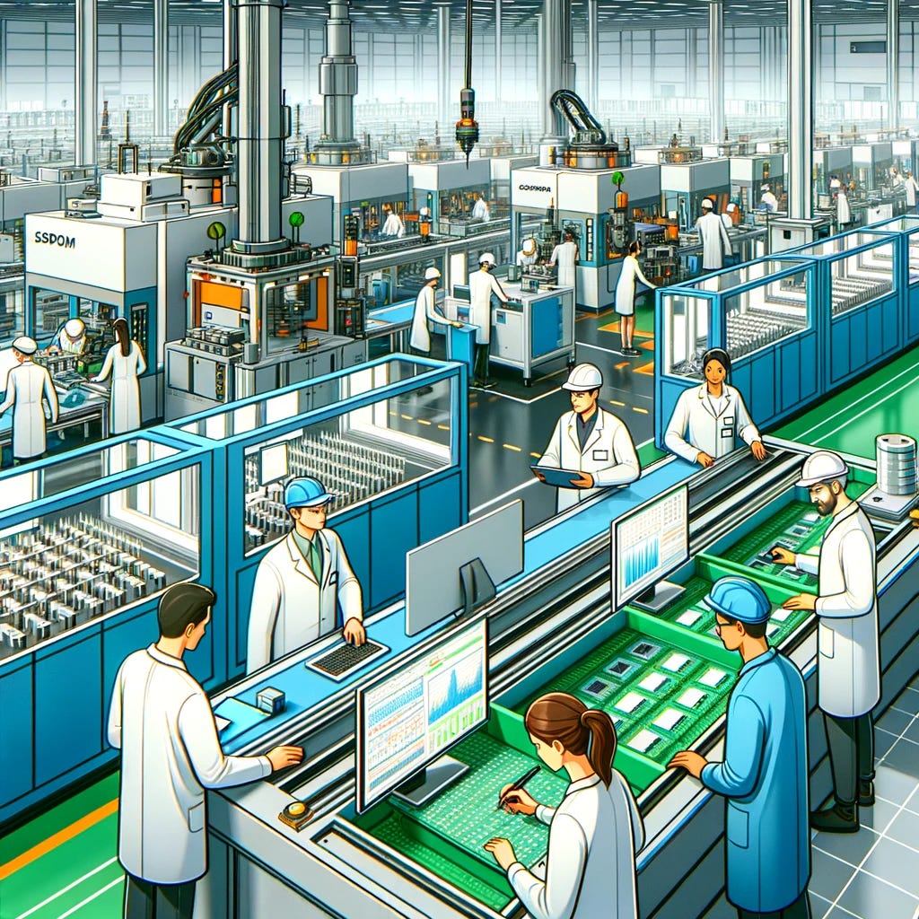 Cel-shaded 3D art of a high-tech microchip manufacturing facility. Engineers of diverse genders and descents are monitoring the production line. The facility is filled with clean lines and vibrant yet professional colors. Machines with robotic arms assemble the microchips, while engineers look at computer screens, ensuring the process runs smoothly.