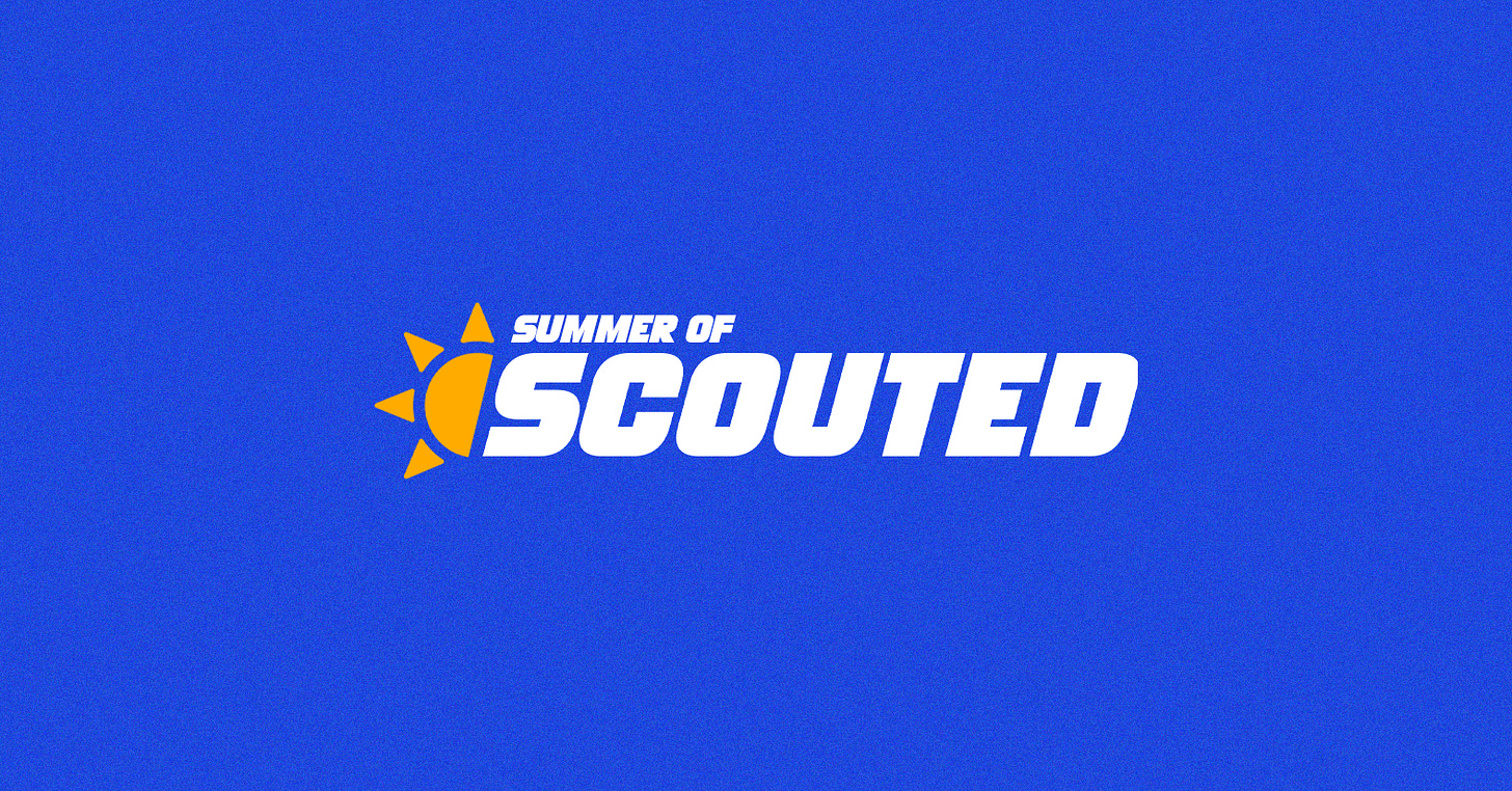 A blue graphic with 'SUMMER OF SCOUTED' in bold white writing