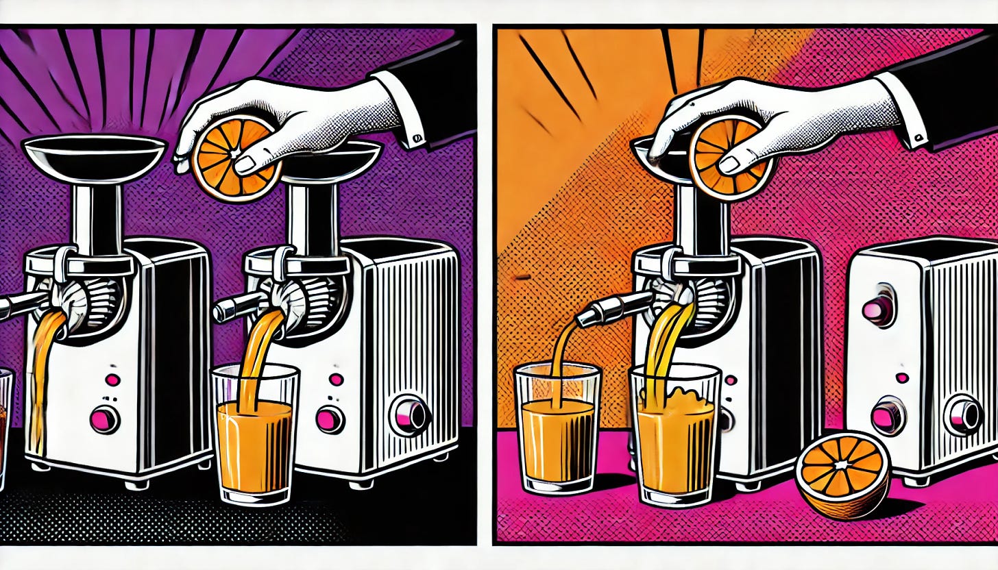 A pop art style illustration showing two contrasting methods of making orange juice. On the left side, a person is squeezing an orange by hand, while on the right side, an electric juicer is processing an orange. The color palette is restricted to bright purple, bright orange, black, and white, with a white background. The design highlights the difference between manual and automated approaches, with clean and minimal elements representing the process on each side.