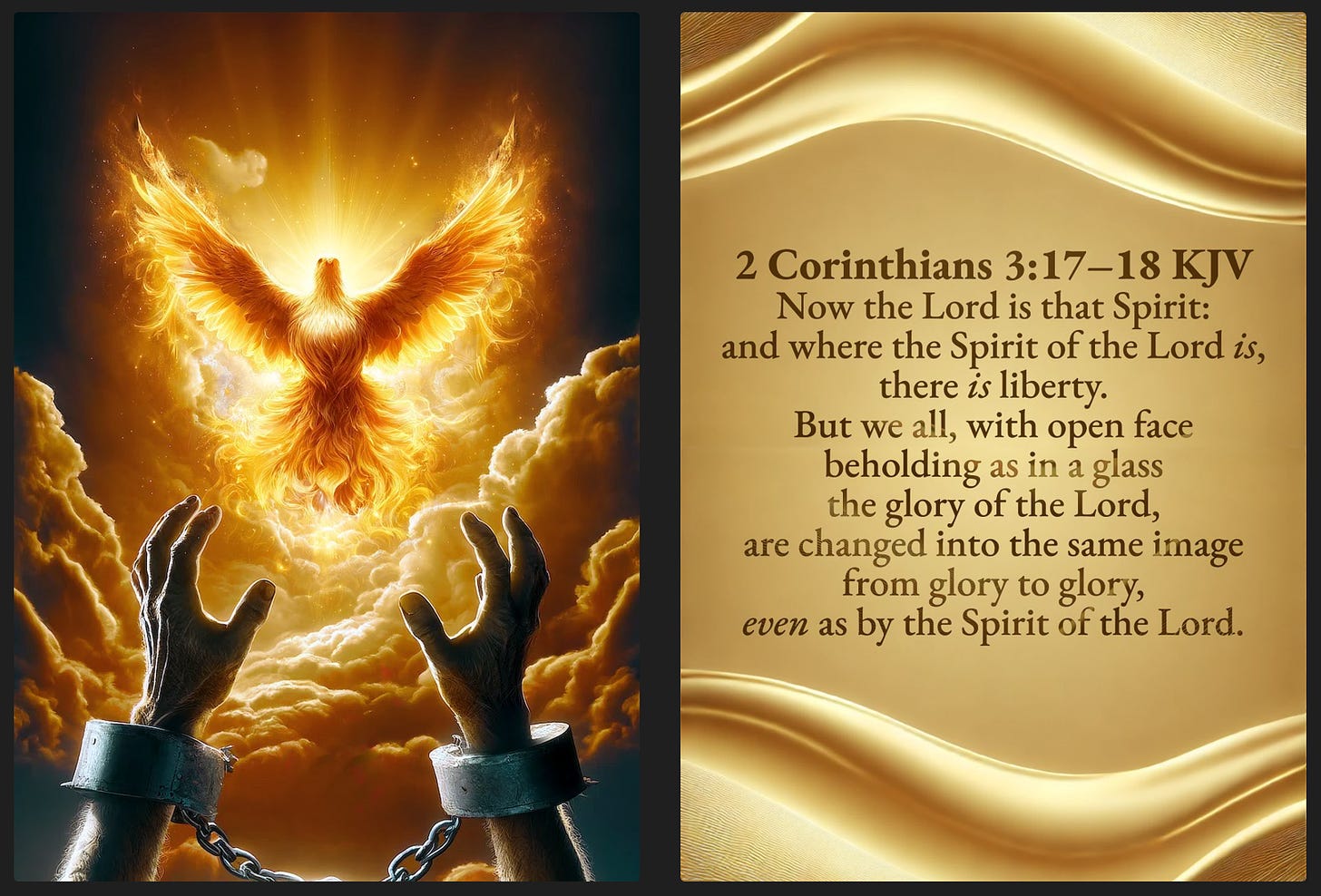 The image is divided into two sections. The left side features a fiery dove, symbolizing the Holy Spirit, rising from a cloud-filled background, with shackled hands reaching towards it, symbolizing liberation and transformation. The right side displays the Bible verse 2 Corinthians 3:17-18 KJV on a gold background, emphasizing the theme of spiritual freedom and transformation through the Spirit of the Lord.