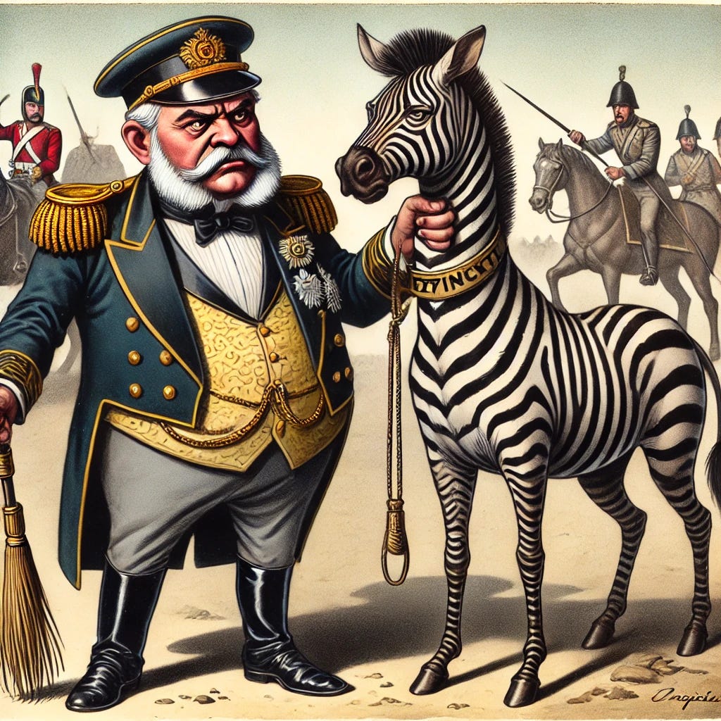 A humorous caricature of a 'Tyrant,' dressed in colonial military attire, holding a whip and standing next to a trophy of a Quagga (extinct half-zebra, half-horse). The tyrant has a stern, controlling expression, with soldiers behind him hunting more Quaggas in the background. The Quagga looks defeated, standing next to the tyrant as if it was captured for sport. The scene is funny and exaggerated, showing the tyrant's oppressive behavior as the driving force behind the Quagga’s extinction.