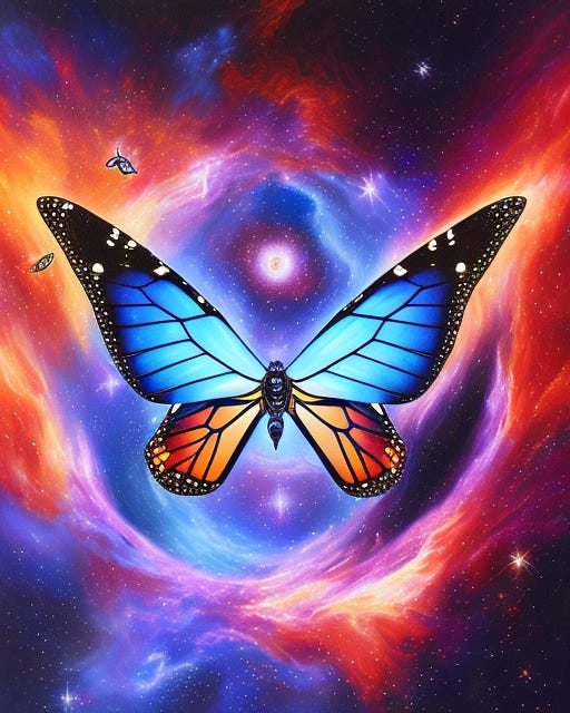 blue and orange butterfly in a multi-colored nebula