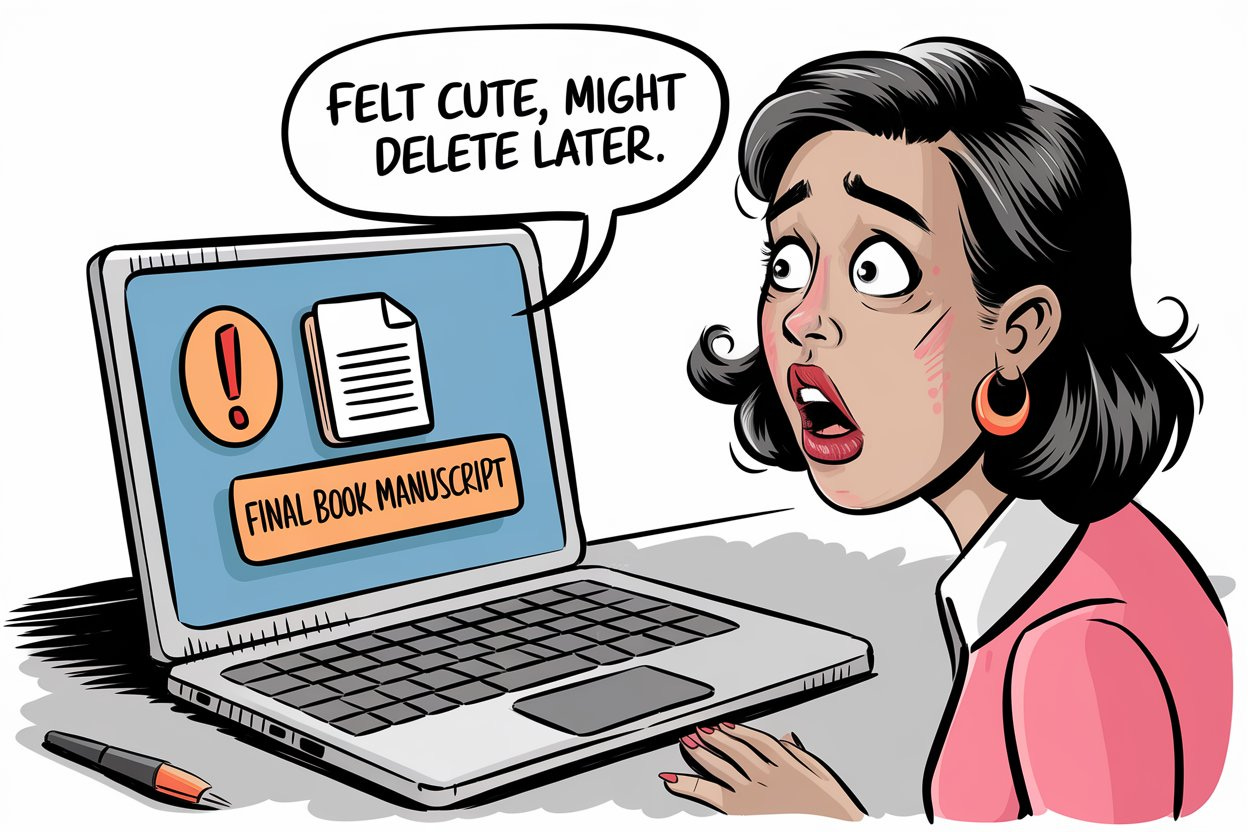 Cartoon illustration: A surprised and horrified woman looks at her laptop. The laptop screen shows an exclamation mark and a document icon with the label "Final Book Manuscript." The laptop says: “Felt cute, might delete later.” The scene is lighthearted and humorous and the style is colorful and playful.