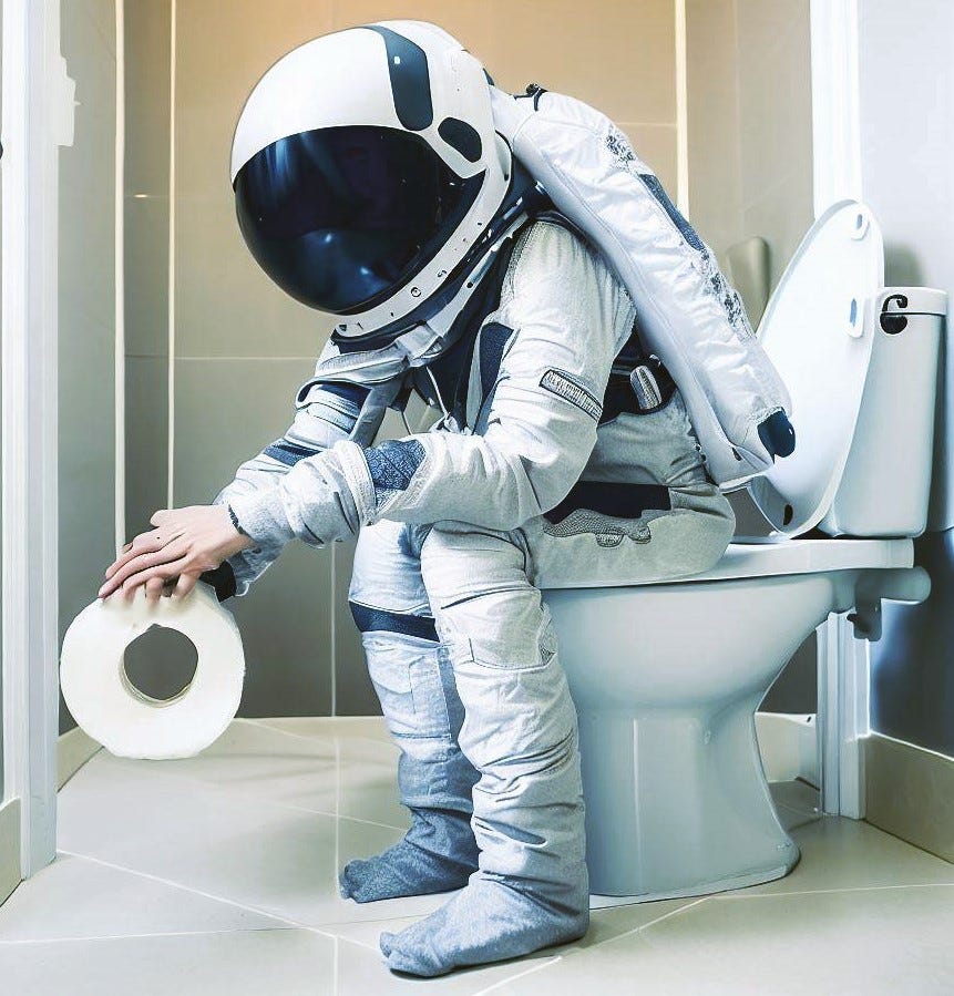 An AI-generated image in a photorealistic style of a spacesuited astronaut sitting on a toilet in a regular bathroom holding a large roll of toilet paper.