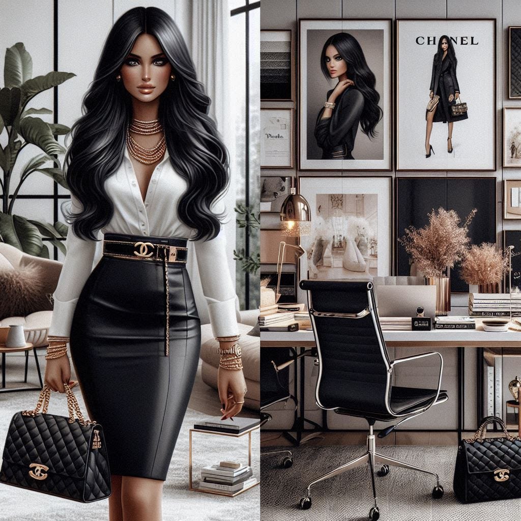 {   "prompt": "A stylish, sophisticated woman in the world of fashion. She has long, sleek black hair and is dressed in a high-fashion outfit, complete with designer accessories like a Prada bag and Chanel jewelry. She stands confidently in a modern, upscale office environment, surrounded by fashion magazines, luxury brand items, and stylish decor. The background features elements of a high-pressure fashion industry setting, such as mood boards, fabric swatches, and elegant f