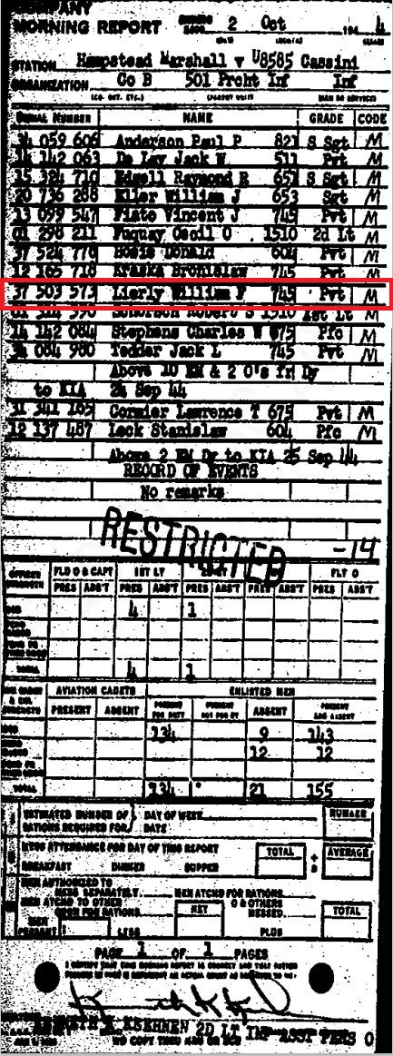 506th PIR Morning Report PVT William Lierly