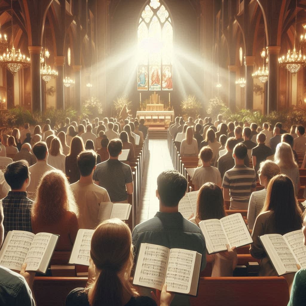 Singing in Church. Image by Bing.
