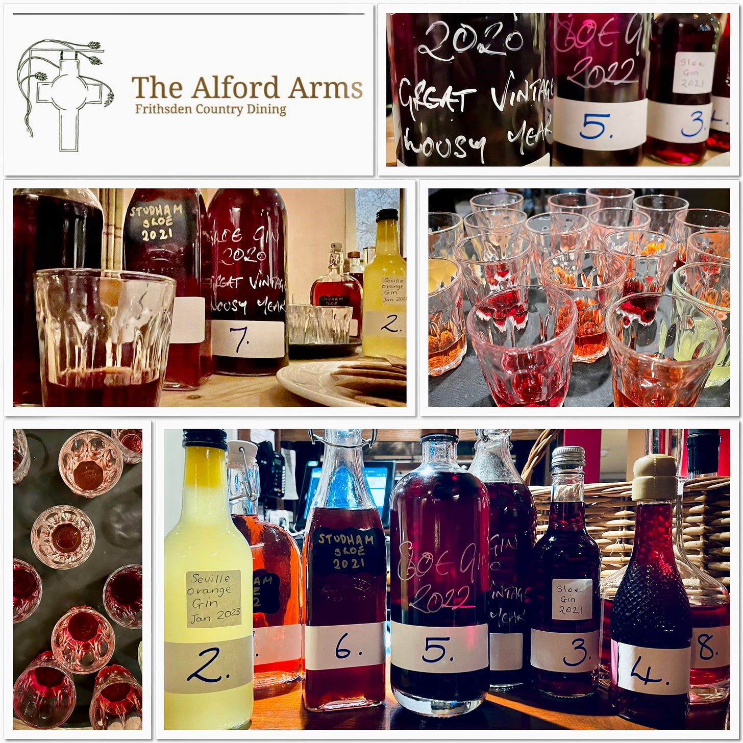The bottles of sloe gin to be tasted and judged at The Alford Arms