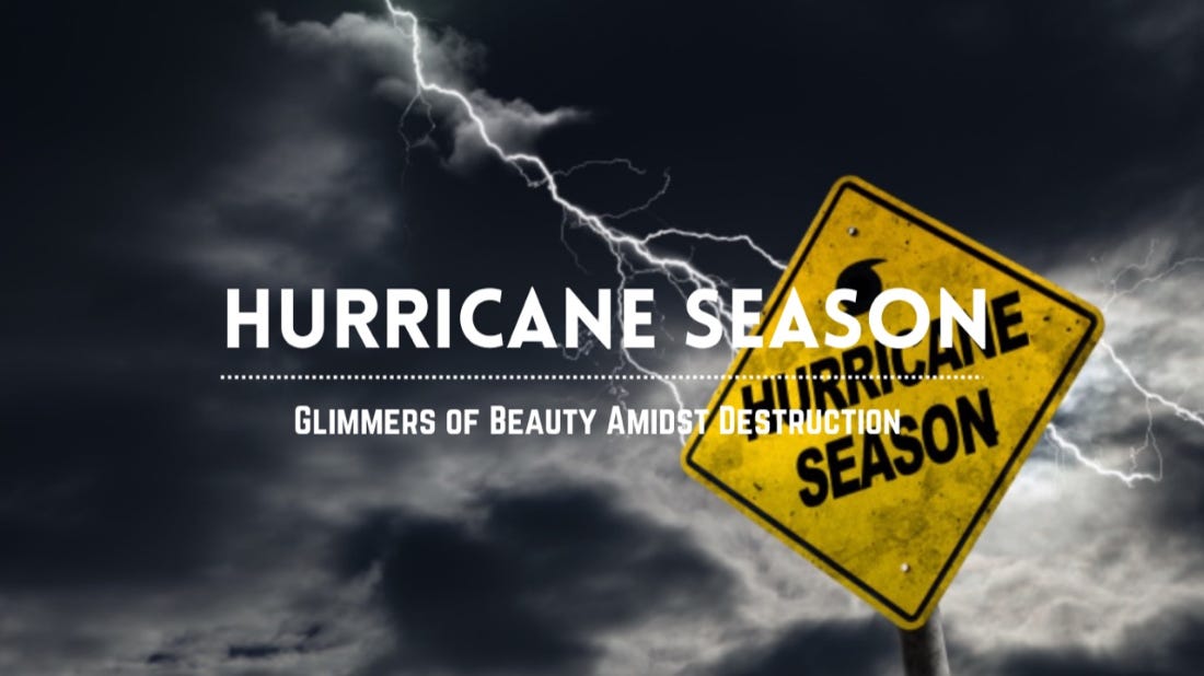 Hurricane season yellow sign with storm clouds and lightning