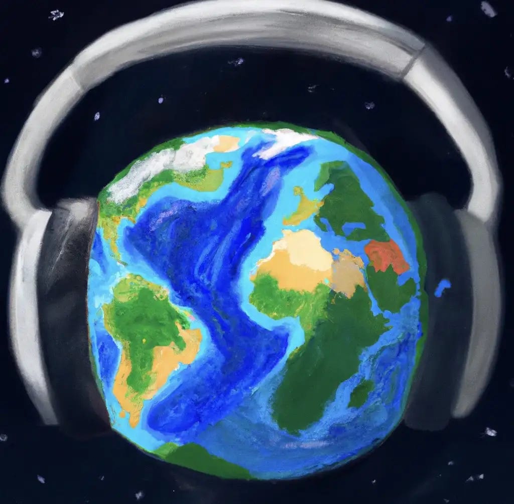 “Digital painting of the earth floating in space while wearing headphones.”