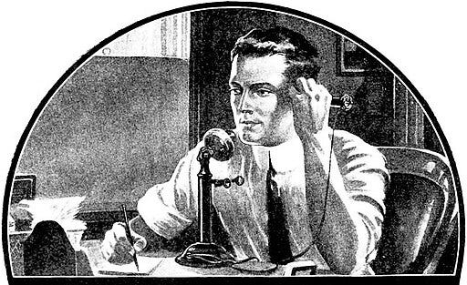 a drawing of a white man at a desk taking notes, on a candle stick phone