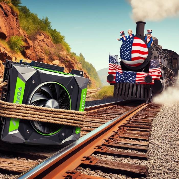 Nvidia GPU strapped to train tracks with a US train coming straight for it