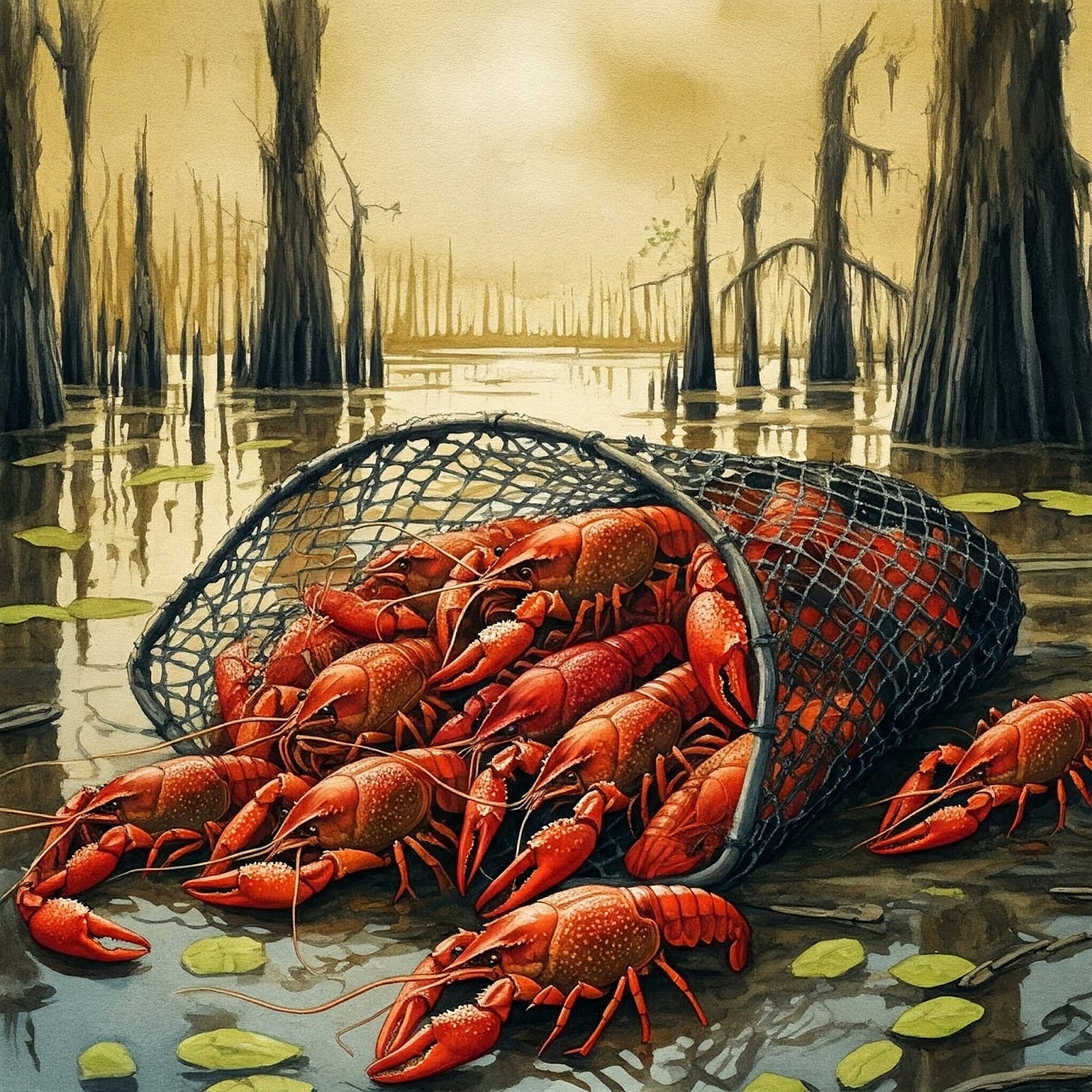 Image of Crawfish in a bayou trap Image of Crawfish in a bayou trap