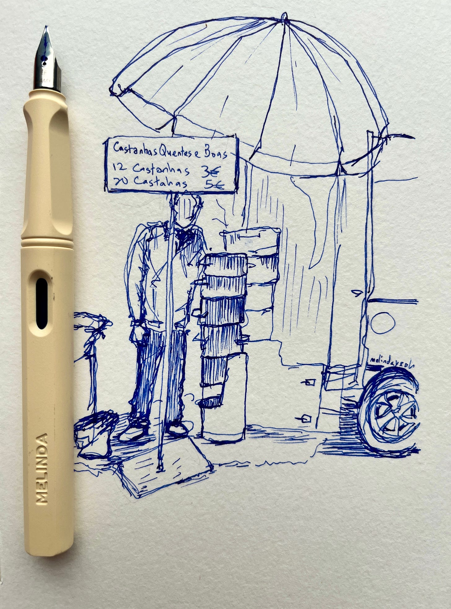image: blue fountain pen ink sketch of a chestnut seller at his carboot, street side stall