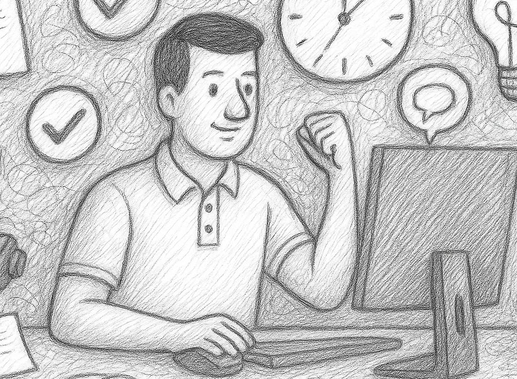 Hand-drawn, crosshatched black-and-white illustration of a focused designer at a desk with a desktop computer. The person wears a polo shirt and is surrounded by productivity symbols—such as a notepad, checkmarks, clock, lightbulb, speech bubbles, dumbbell, and coffee mug—against a swirling, textured background. The style is reminiscent of a vintage pencil portrait, emphasizing clarity and focus amid workplace chaos.