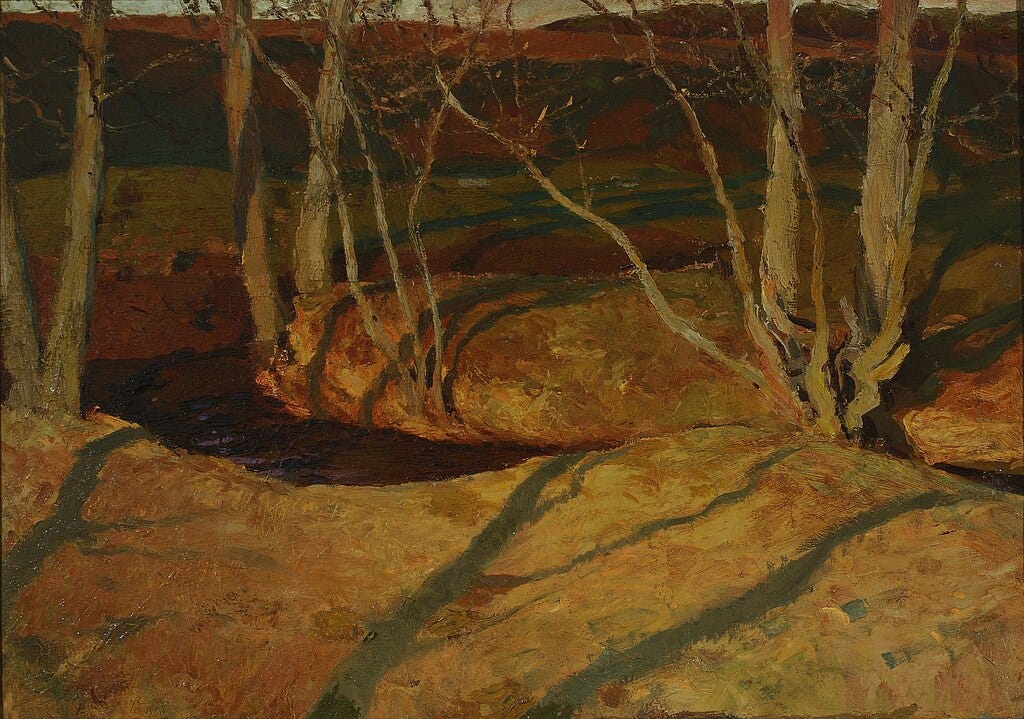 an oil painting of a landscape with leafless trees showing long shadows from sunset light