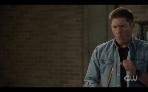 Dean Winchester reacts to Jack being flung to floor.