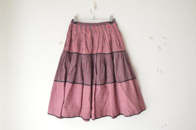vintage 80s burgundy striped and gingham pattern high waist folk tyrolean dirndl midi skirt // XS-S image 1