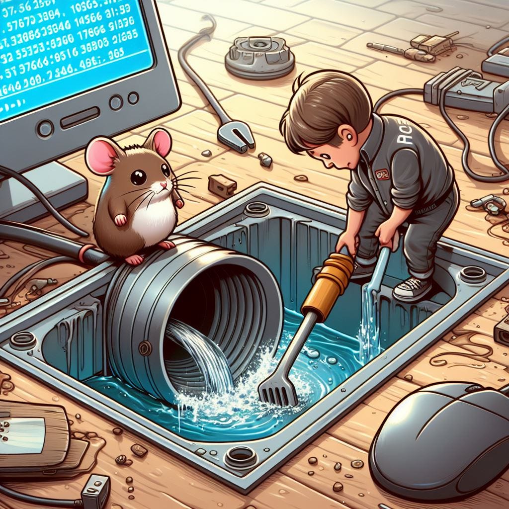someone removing a drain blockage from a pc port, cartoon