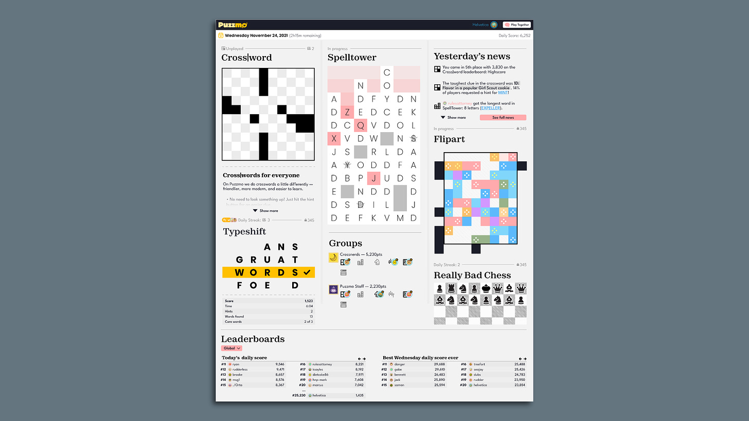Screenshot of a webpage full of puzzles, meant to resemble a printed newspaper page.