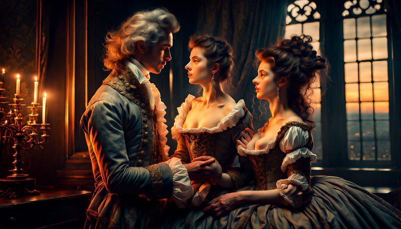 Two 18th century lovers in drawing room, 3rd person present Two 18th century lovers in drawing room, 3rd person present