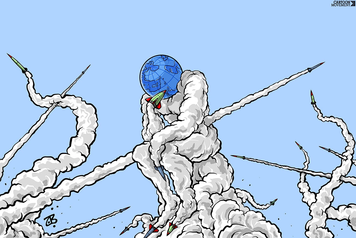 Cartoon showing Rodin's the thinker. The head of the thinker is the planet earth, while the body and arms are made up from smoke trails of flying missiles. Missiles are flying around the figure as well. One missile is flying through the chest of the figure.