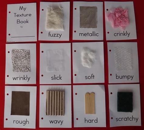 Pages from a child's texture book showing eleven samples of textures, each with the texture name