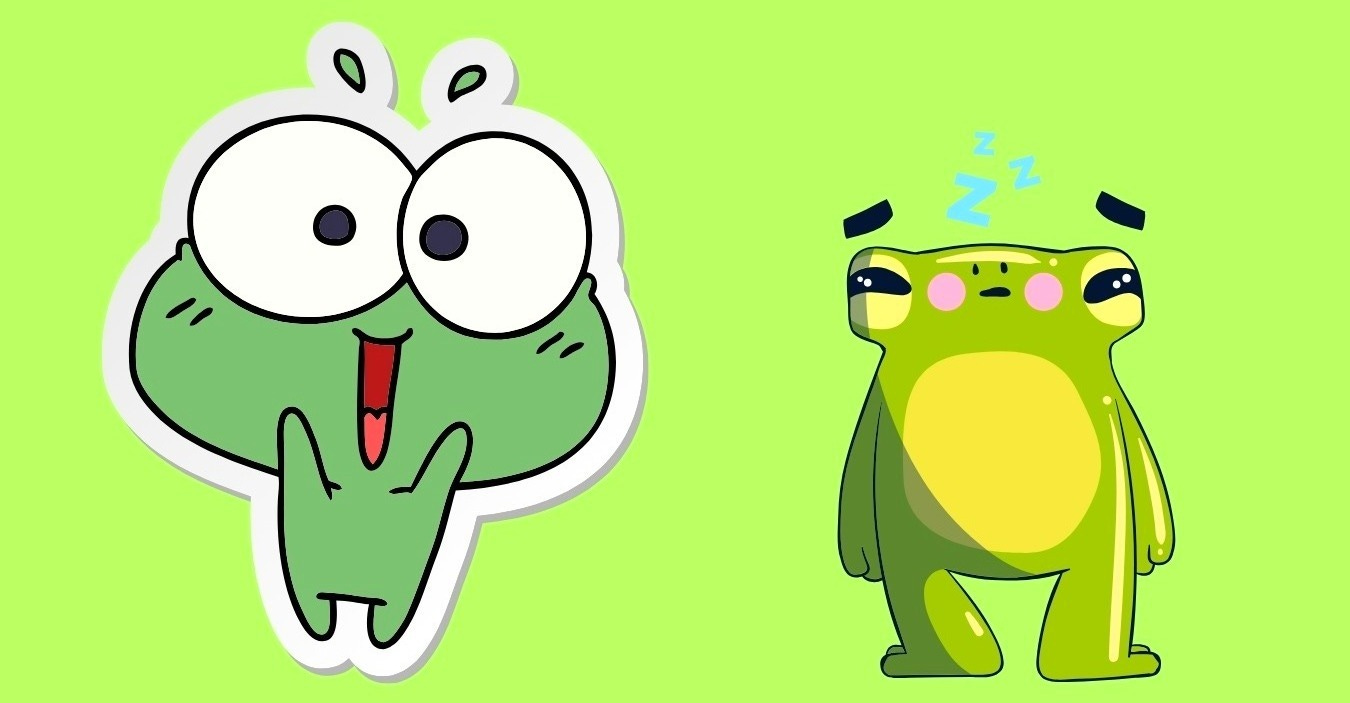 Two cartoon frogs. One looks extremely excited and the other is about to fall asleep. Text reads: I love you. You exhaust me. @HeyLookASquirtle