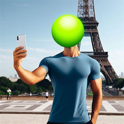 photo of the Eiffel Tower on a beautiful day. Standing in front is an attractive man wearing a well-fitting untucked blue t-shirt and black shorts. He holds a white iPhone and is taking a selfie. The man has a basic bright neon green sphere instead of a normal head. There is no face.