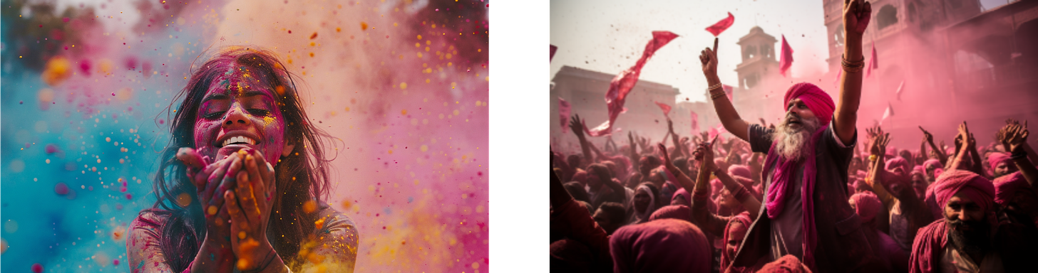 The vibrant burst of colors in these images perfectly encapsulates the essence of Holi. The first image captures a woman in mid-laughter, her face and hands covered with a spectrum of colored powders, set against a backdrop of flying colors that blend into a bokeh of celebration. The second image is equally dynamic, showing an enthusiastic crowd with people of all ages, including a prominently featured elder man wearing a fuchsia turban, raising his hands in joy. The energy and motion in the crowd, set against an architectural backdrop that suggests a temple or an old building, gives a sense of place and tradition to the celebration. Together, these images reflect the vibrant, inclusive, and joyous spirit of Holi, celebrated across generations and communities.