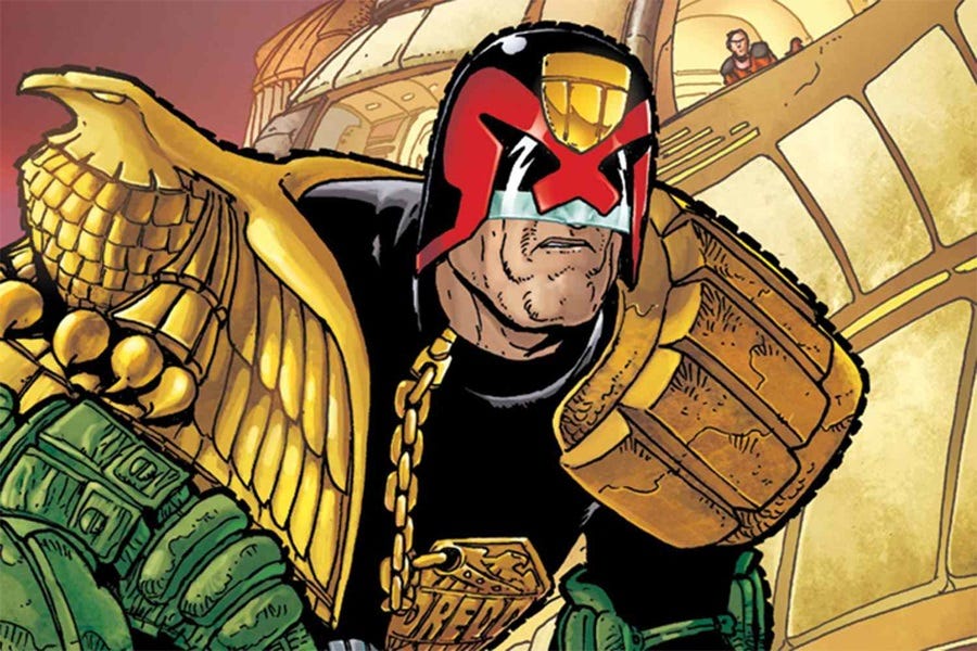 Comic book illustration of Judge Dredd, the dystopian judge-jury-executioner rightwingers don't realize is not a role model 