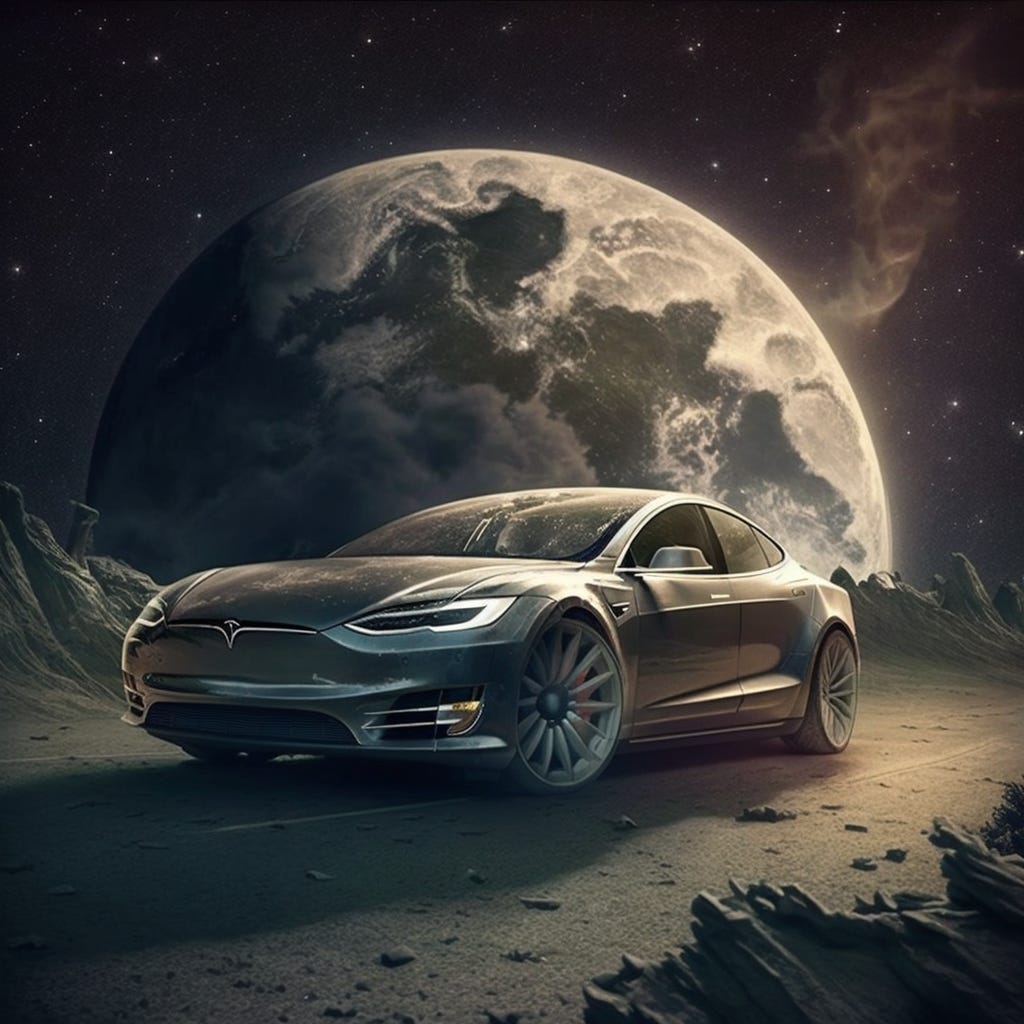 Tesla to the moon, by Midjourney