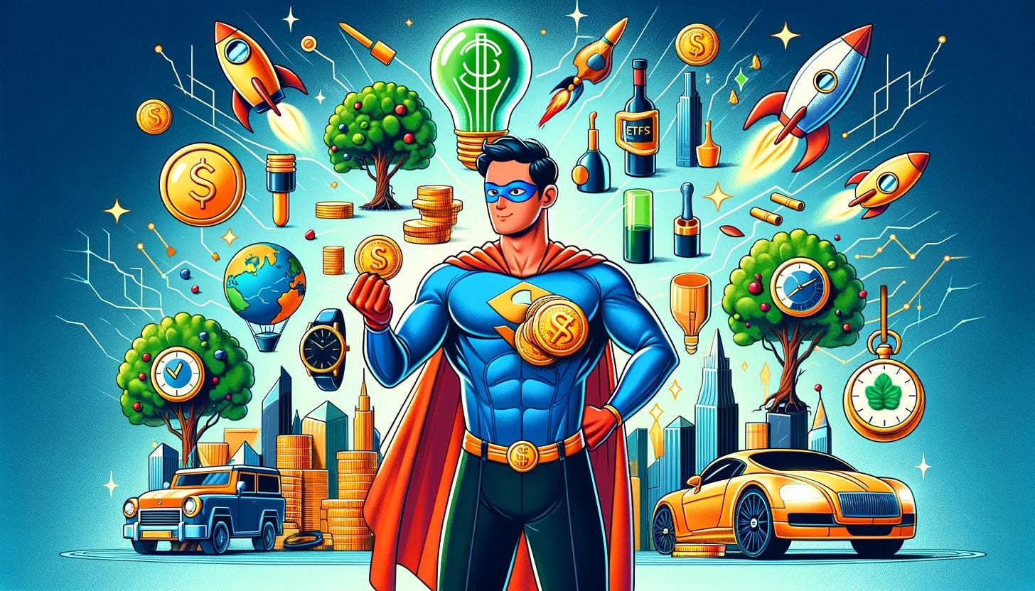 An image representing various exotic investments: a superhero investor surrounded by symbols of these investments. He is confidently holding a golden coin, representing ETFs and gold investments, while startups are symbolized by a lightbulb and a small rocket in the background. On one side, there are trees and wine bottles to represent forest and wine investments, and on the other, luxurious cars and watches to represent collectible investments. The scene is vibrant and dynamic, illustrating the potential of these diverse investment opportunities.